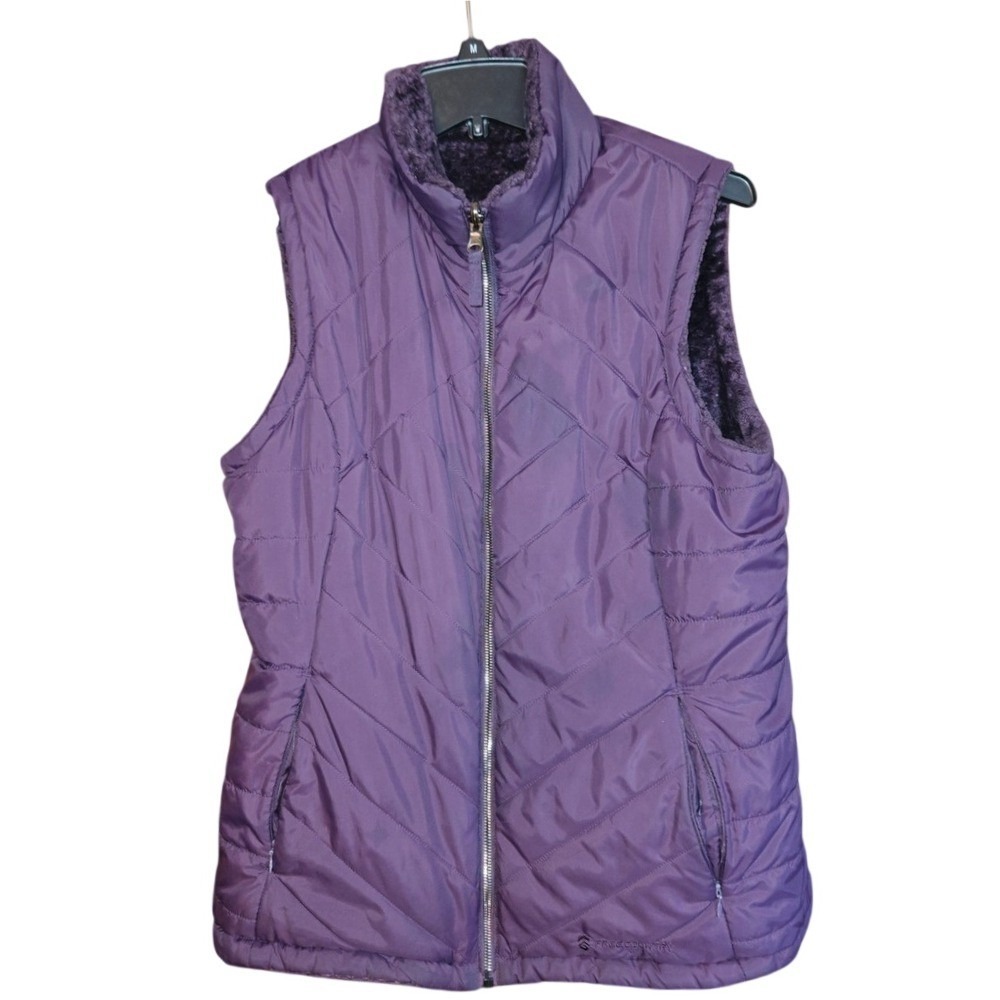 Free Country Puffer Vest Womens Large Purple Reversible Faux Fur Quilted Zip